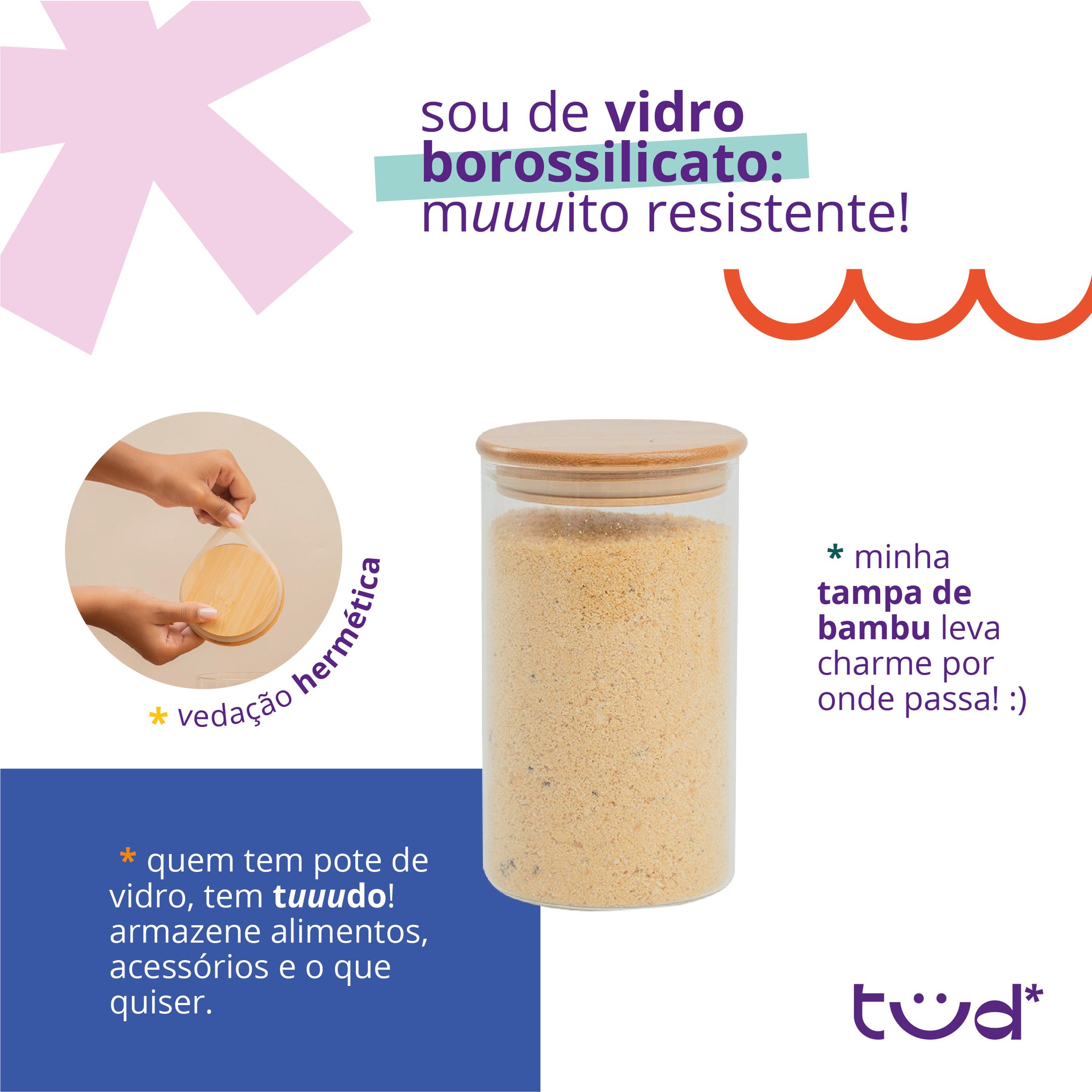 Kit 4 Potes de Vidro 1,1l Tampa de Bambu Herméticos Redondos - Tüd - 4