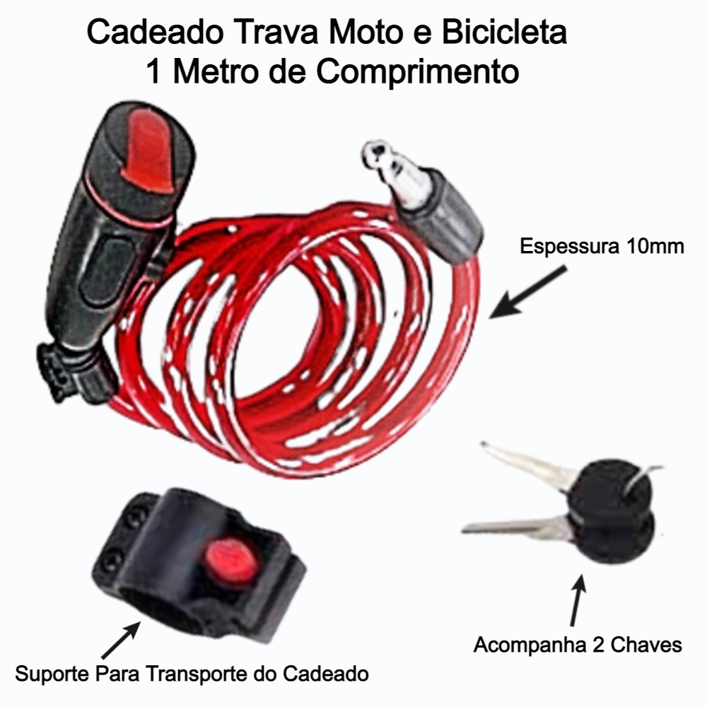 Cadeado Para Moto e Bicicleta Trava Tranca e Protege em Cabo de Aço Com 2 Chaves - 6