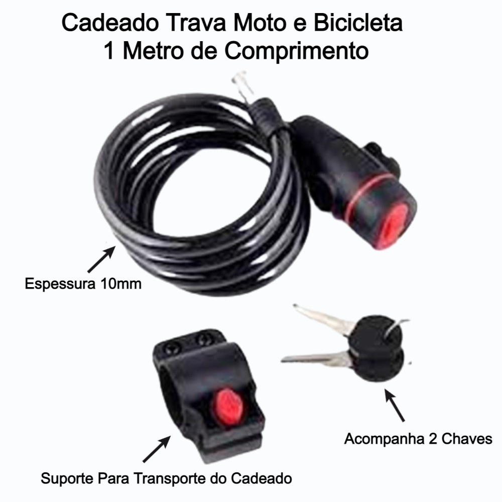 Cadeado Para Moto e Bicicleta Trava Tranca e Protege em Cabo de Aço Com 2 Chaves - 4