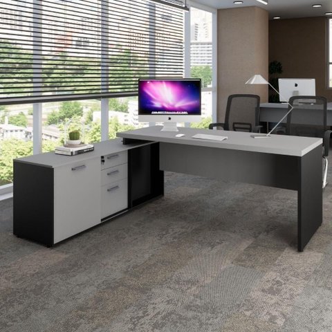 Mesa em L para Escritório Mesa Dinâmica 150cm com Armário Lateral 3 Gavetas Cinza Sagrado com