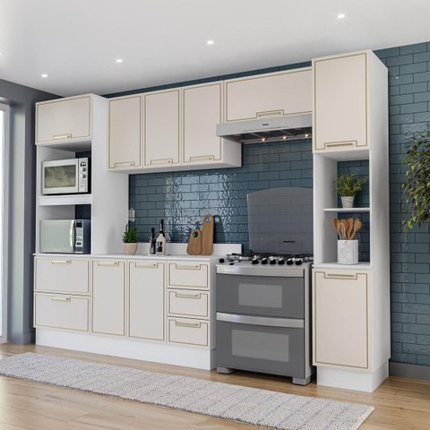 Cozinha Amara Armários Aéreos Torre Quente Paneleiro Balcão Tampo Rodapé Branco/Creme 250098