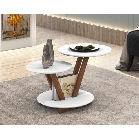 Mesa De Centro Laguna Redonda 2 Andares Decorativa Moderna - Branco