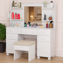 Ver imagem 1 de Penteadeira Camarim com Prateleiras e Portas para Maquiagem e Banqueta para Quarto ou Closet Espelho
