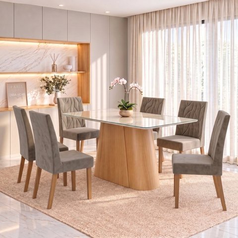Conjunto Sala de Jantar Mesa Olivia 160cm Tampo MDF e Vidro Canto Arredondado 6 Cadeiras Flavia