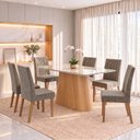 Ver imagem 1 de Conjunto Sala de Jantar Mesa Olivia 160cm Tampo MDF e Vidro Canto Arredondado 6 Cadeiras Flavia