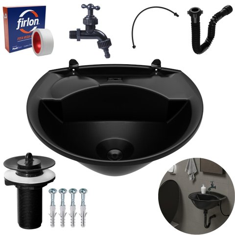 Pia Lavatório Banheiro 4l + Torneira Preta Reforçada + Sifão Universal Sanfonado + Engate Flexível +