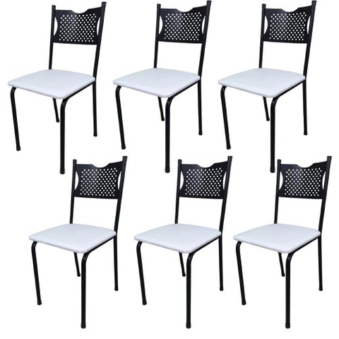 Kit 6 Cadeira para Cozinha Mc Tubular Almofadada Estrutura Preta com Assento Branco Medcombo