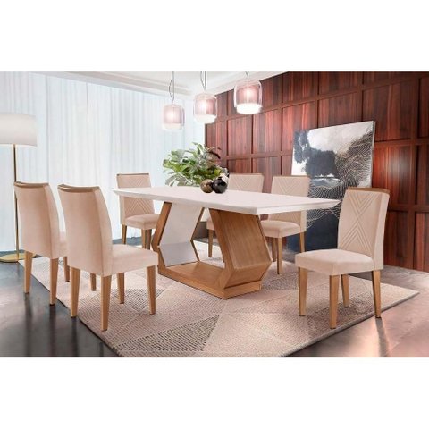 Conjunto: Mesa Sala Jantar Alvorada C/ Tampo Madeirado Canto Reto 180x90cm e 6 Cadeiras Amsterdã