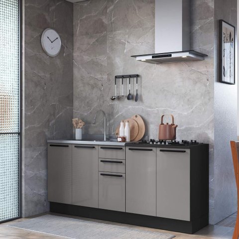 Kit 2 Balcões Modulados Gabinete Pia e Cooktop 200cm sem Tampo Mônaco Cinza Chumbo/Titânio