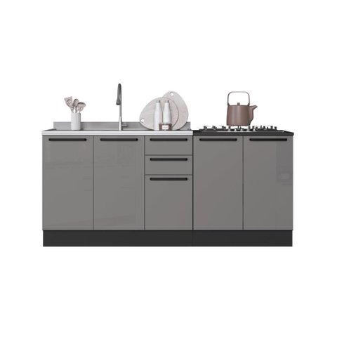 Kit 2 Balcões Modulados Gabinete Pia 120cm e Cooktop 80cm Mônaco com Rodapé sem Tampo Chumbo/tit