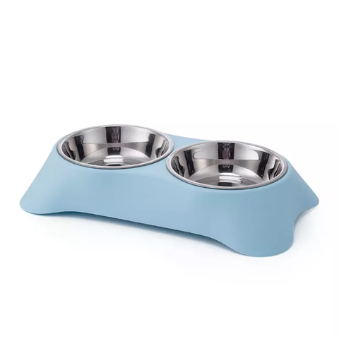 Comedouro, Alimentador Pet Duplo Para Cachorro Gato 2 Pratos de Inox e Base Plástica Resistente AZUL