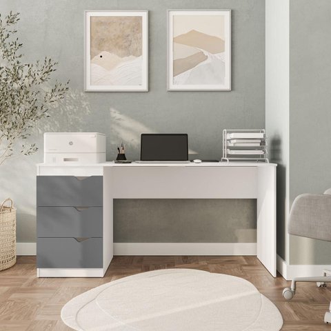 Mesa Escrivaninha Porto Escritório 3 Gavetas 163x77cm Cinza/Branco 250685