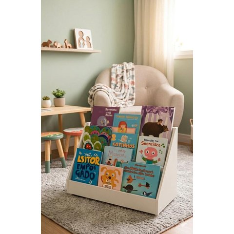 Expositor de Livros Menina Menino Chão Porta Livros Infantil - Branco