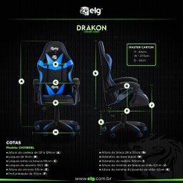 Cadeira Gamer Ergonômica Drakon, Elg, Ch31bk, Inclinação até 135º e 140kg, Espuma D40, Preto e Azul - 5