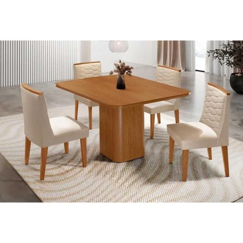 Conjunto: Mesa Sala Jantar Maldivas C/ Tampo Madeirado Canto Curvo 90x90cm e 4 Cadeiras Maldivas