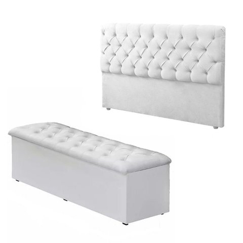 Kit Baú Recamier + Cabeceira Box Shop Queen Couro Sintético Branco