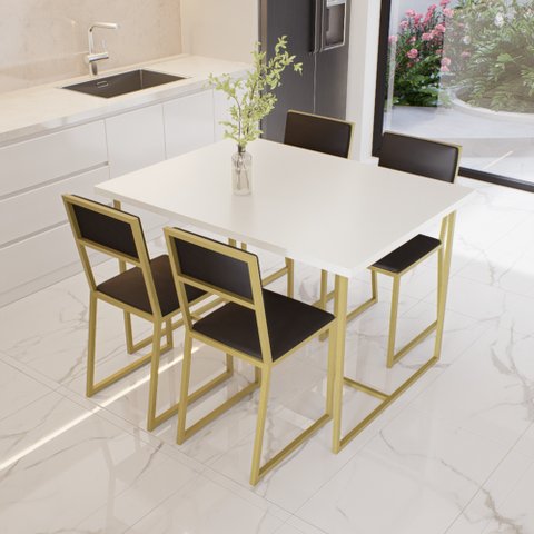 Conjunto Mesa de Jantar Retangular Branca 4 Cadeiras Estofado Riviera Industrial Dourado Don Castro 