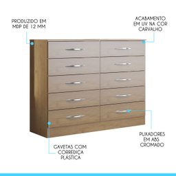 Cômoda Grande para Quarto Casal com 10 Gavetas 117x92 Cm MDP Carvalho 3017 MENU - 2