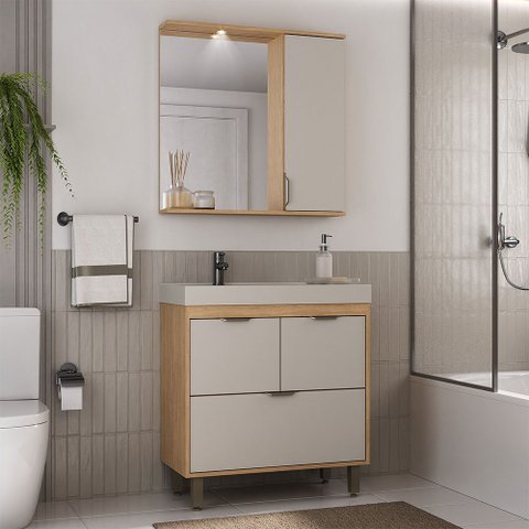 Conjunto Balcão de Banheiro com 3 Portas e 1 Gaveta Nature /carvalho Malibu - Ozini