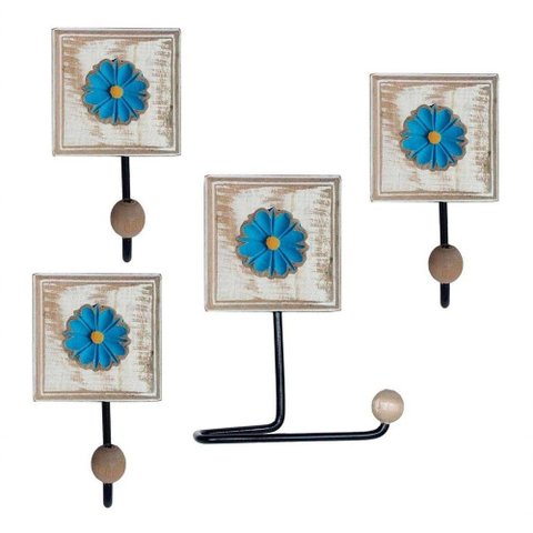 Kit para Banheiro com 3 Toalheiros e 1 Porta Papel Higiênico Rustico Flor Branca Cor Azul