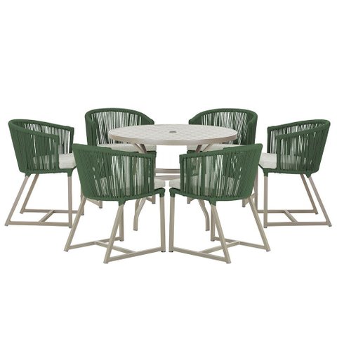 Mesa com 6 Cadeiras de Jantar Roma 120cm e Noronha em Alumínio Fendi Corda Náutica Estofado 3 Trama