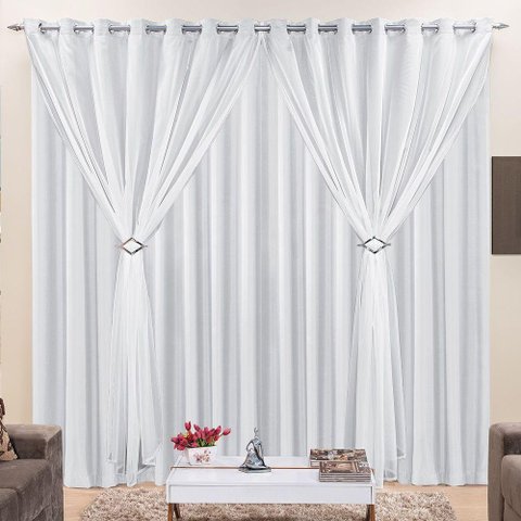 Cortina Jéssica 2 Metros Branca Tecido Microfibra com Voal Clássica Cromada