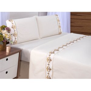 Lençol Queen Casal Bordado 400 Fios Realeza Palha 4 Pçs