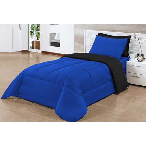 Kit Edredom fabuloso Solteiro Dupla Face Preto/Azul com 4 peças
