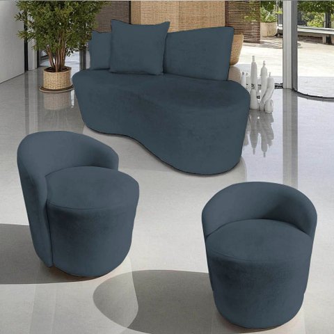Kit Namoradeira + 2 Poltronas Yara Orgânica Bouclé Cinza