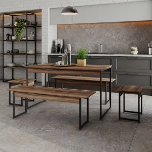 Mesa De Jantar Com 2 Banco E 2 Banquetas Estilo Industrial