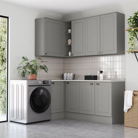 Lavanderia Modulada 05 Peças 100% MDF com Balcão e Aéreo Canto Reto e Tampo Cinza/Calcare Emilly