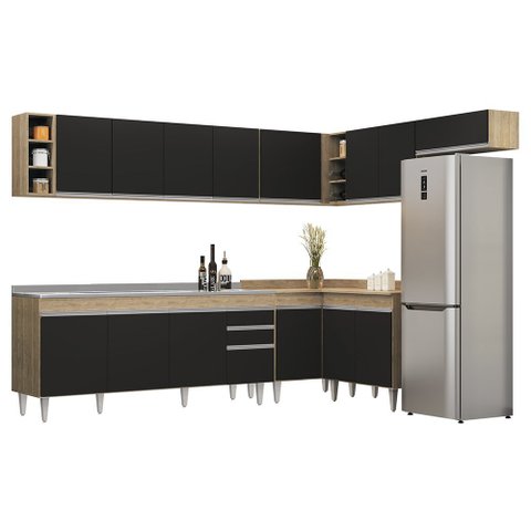 Armário de Cozinha Modulado de Canto 8 Peças Cp27 com Pia Inox Castanho/preto - Lumil Lumil Móveis