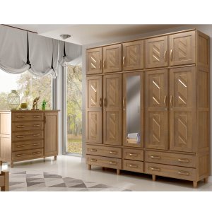 Quarto de Casal Berlim: Guarda-Roupa 10 Portas c/ Espelho e Cômoda Sapateira Madeira Pinus Imbuia - 