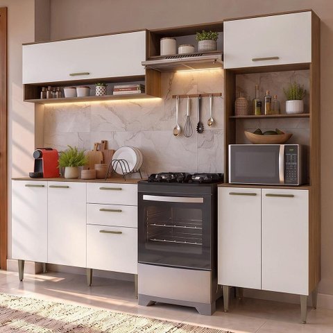 Cozinha Compacta Lille 7 Portas 2 Gavetas MDP 225cm Rustic Branco Madesa
