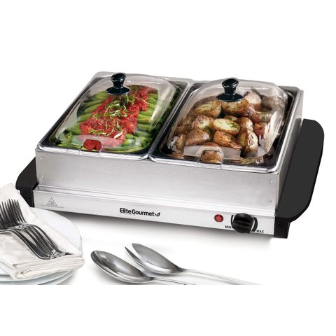 Elite Gourmet Servidor de Buffet Duplo 2x2.5qt Aço Inox, 5qt com Controle de Temperatura