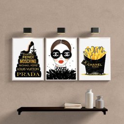 Kit 3 Quadros Fashion Marcas Famosas Mulher livros 24x18cm - com Vidro:madeira Branca - 2