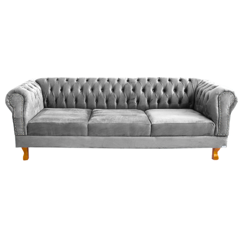 Sofá Chesterfield Capitonê 3 Lugares Duque 2M Suede Cinza Clássico Sala Recepção Barbearia