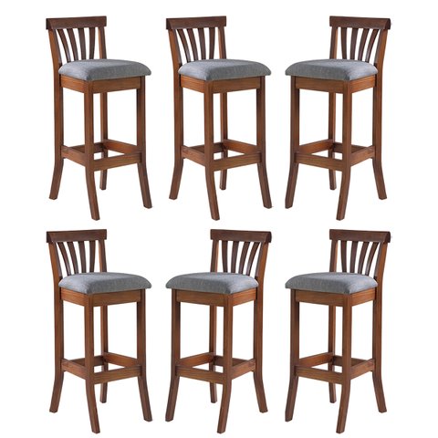 Kit 6 Banquetas Alta Estofada Anthurium 36 x 100 Cm Madeira Maciça Imbuia Linho Cinza L55 - RMI