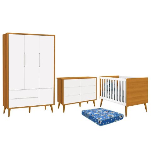 Dormitório Theo 3 Portas, Cômoda 6 Gavetas, Berço Branco/Savana com Pés Amadeirado e Colchão -