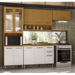 Cozinha Modulada Criare Paneleiro/Cristaleira c/ Vidro e Led -  Freijó/Ripado/ Off Acetinado Poliman - 2