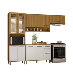 Cozinha Modulada Criare Paneleiro/Cristaleira c/ Vidro e Led -  Freijó/Ripado/ Off Acetinado Poliman - 1