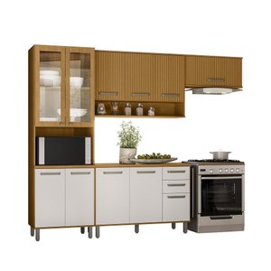 Cozinha Modulada Criare Paneleiro/Cristaleira c/ Vidro e Led -  Freijó/Ripado/ Off Acetinado Poliman