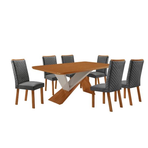 Mesa de Jantar Yasmin 180cm Tampo MDF Canto Copo Laminado com 6 Cadeiras Lira