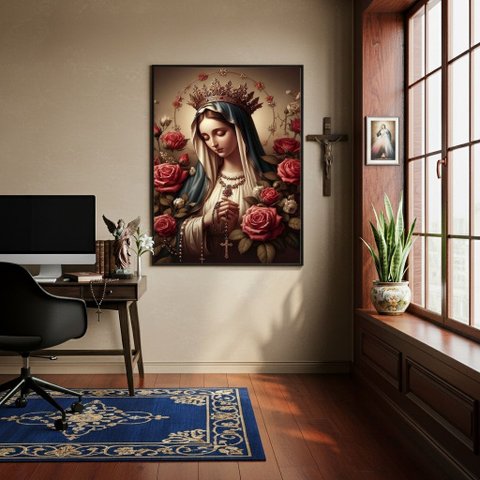 Quadro Nossa Senhora com Terço Flores - 70x50cm:moldura Preta