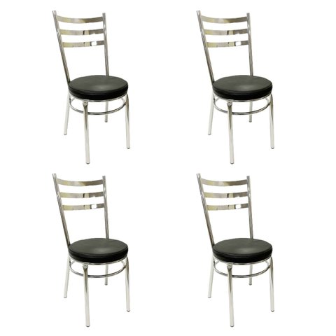 Cadeira de Cozinha Redonda com Reforço Cromada Assento Grosso Preto Kit 4 Unidades