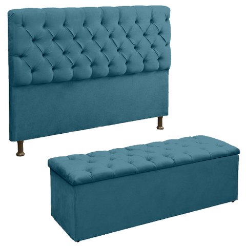 Cabeceira e Recamier Baú Lana para Cama Box Casal King 195 Cm - Suede - Sv Decor:azul Royal