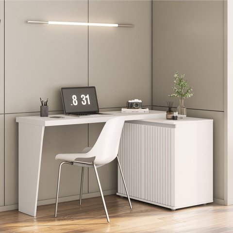 Mesa para Escritório Extensível em L ou Reta Ripado Milão 2 Portas 180cm MDF Branco Yescasa