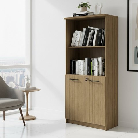 Armário Escritório Aberto 155,8cm com 2 Portas Chave e Prateleiras Office Marrom/Amêndoa/Preto