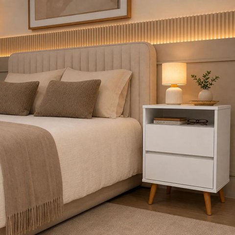 Mesa de Cabeceira Quarto Pequeno 2 Gavetas 1 Nicho Pé Palito Brilhante Branco