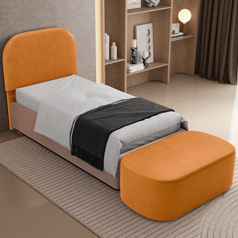 Cabeceira Cama Box 100cm Lanna com Puff Recamier Doha W01 Couríssimo Whisky - Lyam Decor